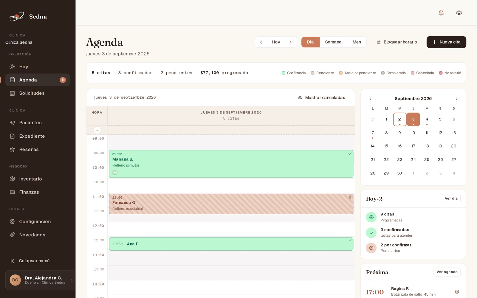 Sedna: agenda con citas confirmadas y pendientes